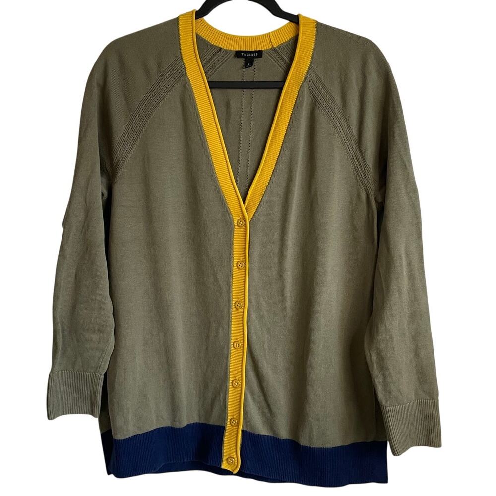Talbots Colorblock Cardigan Sweater Sz L V-Neck Button Front Preppy Academia